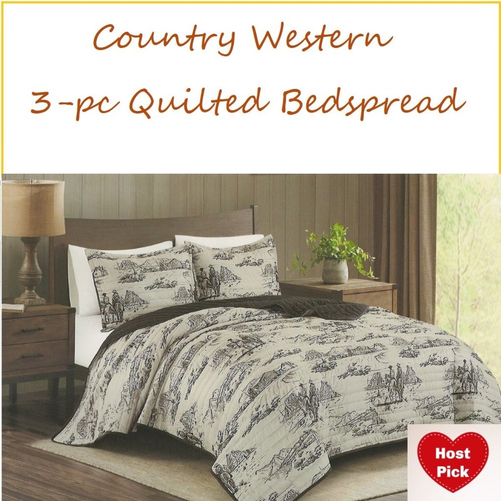 Country Western Design 3 Piece Quilted Bedspread Set Queen Size & King Size